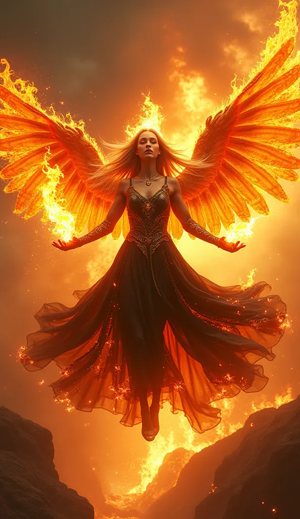 "A fierce and majestic Fire Queen levitating in the air, surrounded by flames and magical energy. She wears an intricate black and fiery orange battle gown adorned with glowing ember patterns. Her long, flowing hair flickers like fire, and her intense glow...