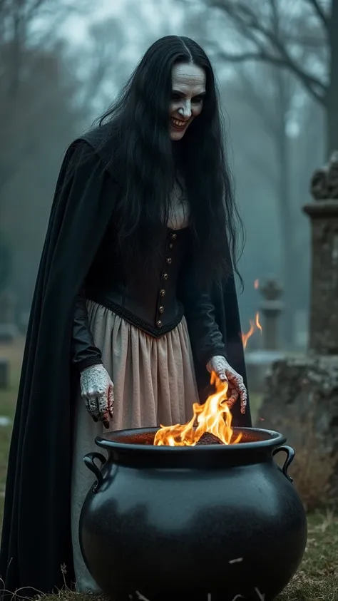 A creepy old witch woman very white with long black hair in front of her face wearing a long black and white skirt and a black corset with a black cape at the cemetery the dark night with a large witch cauldron with the posture of a lowered old woman smili...