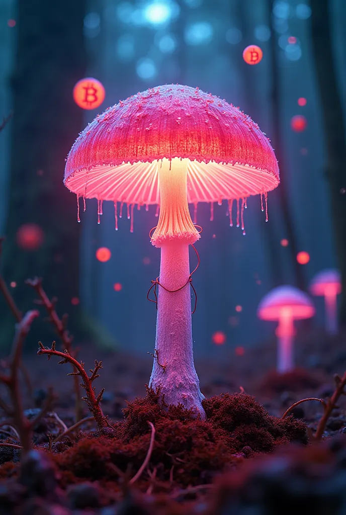 bright colors like a hallucination, a mushroom releasing spores, each with the bitcoin logo flying in the wind. It is possible to see the underground mycelium with x-rays, connecting a giant network of glowing threads. cyberpunk 2099 blade runner 2049 neon