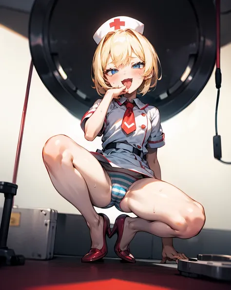 blonde bob hair blue eyed girl、hair between their eyes、orange striped underwear and white nurse shirt、Are you wearing high heels、dynamic squat pose in hospital operating room、depth of field、 blushes、、 petite and slender body、by、sweaty skin、rough breathing,...