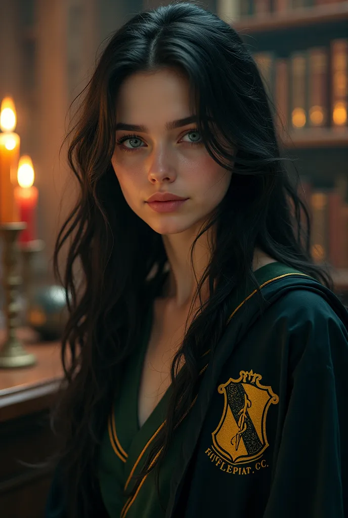 Can I ask for a picture of a woman with long black hair, blue eyes, wearing a Hufflepuff House Hogwarts robe, about ?