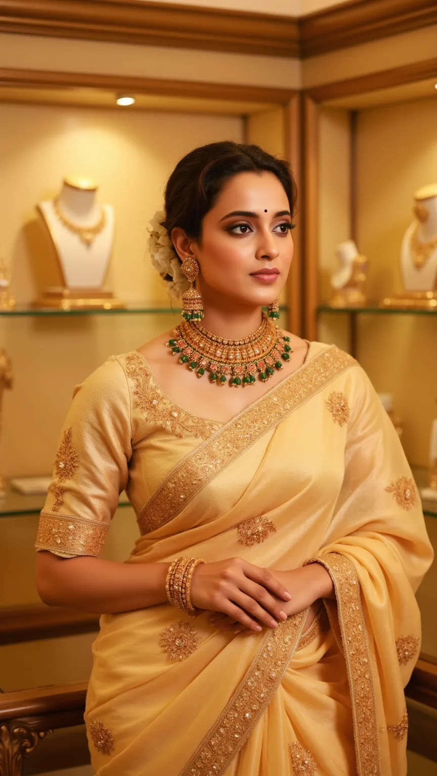 8k resolution Indian Golden jewellery, indian woman, brand ambassador wearing golden jewelleries and golden saree, golden showroom 