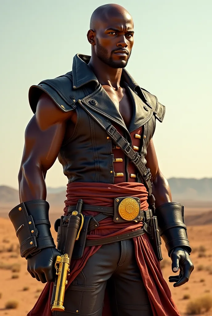 1 man,negro,high,strong, bald, in pirate clothes, being a bounty hunter, He has a golden pistol, brown eyes, high definition