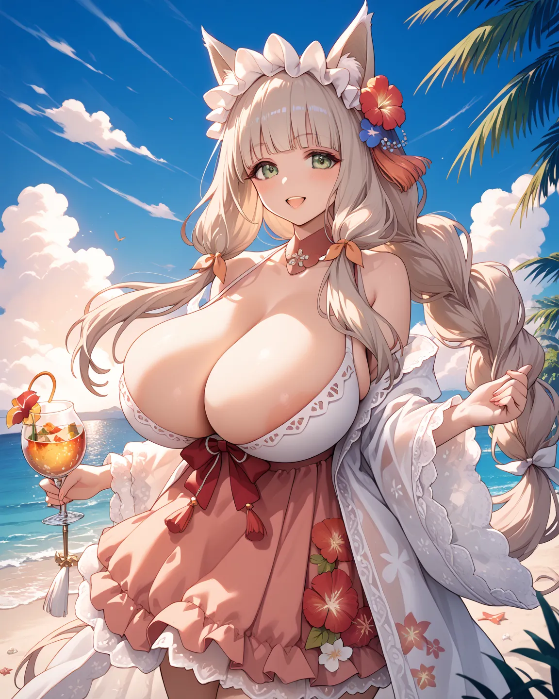 ultra detailed, high quality ,  1girl, Maho_(princess connect!), ((gigantic breasts:1.4)), white one-piece dress,white dress, summer, beach