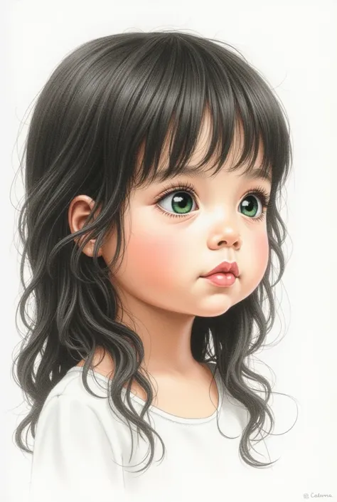 
Detailed colored pencil drawing depicting the face and upper body of a baby girl, wearing a spring sweater. The subject, positioned in a three-quarter profile view, faces right.  His gaze is directed to a point beyond the observer.  Her ethnicity appears ...