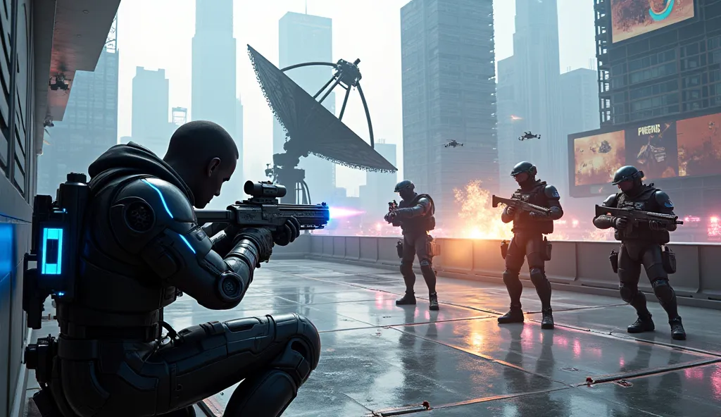 "A third-person shooter video game scene set on a high-tech futuristic city rooftop during daytime. The player character, wearing an advanced tactical suit with glowing blue accents, is crouched behind a sleek metal barrier for cover, holding a futuristic ...