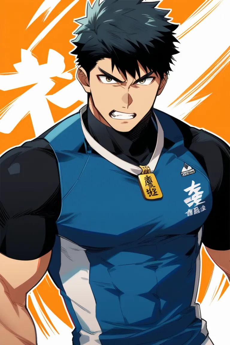 Japanese anime、Gay、 male、極めて male的な顔、Extremely muscular、angry face、Short Hair、Big cock、sagitales、sportswear