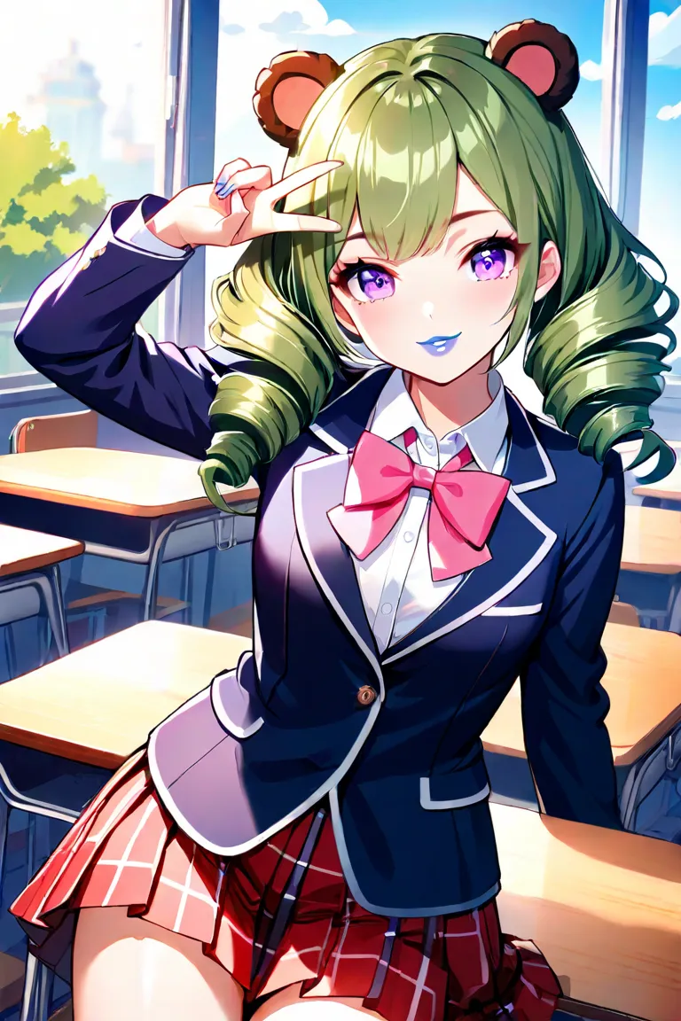 1girl, solo, looking at viewer, smile, bangs, skirt, shirt, long sleeves, bow, animal ears, school uniform, purple eyes, jacket, white shirt, cowboy shot, pleated skirt, green hair, sky, day, collared shirt, indoors, bowtie, red bow, head tilt, plaid, wind...