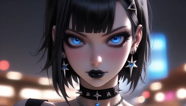 (masterpiece), 1girl, tall, adult, solo focused, perfect face, full body, expressive eyes, solo focused, anime style, skindation, detailed lips best quality, 8k, highres , skindention, gothic, black_lips, black_hair, piercing, breasts, solo, long_hair, jew...