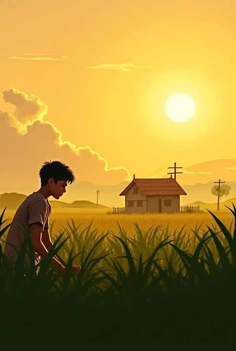 A peaceful rural village with a small house in the background, and a young boy (Ramu) working in the field, showing his hardworking nature. The sun is setting, symbolizing a calm and hardworking life.