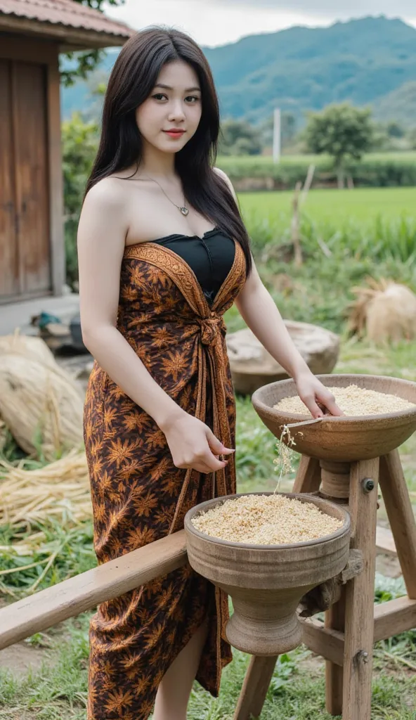 "A tall, fair-skinned Korean woman with a slim figure, wearing a black lowneck tank top and a brown batik sarung wrapped around her waist. She is operating a traditional rice milling machine in a rural Indonesian village, her hands skillfully handling the ...