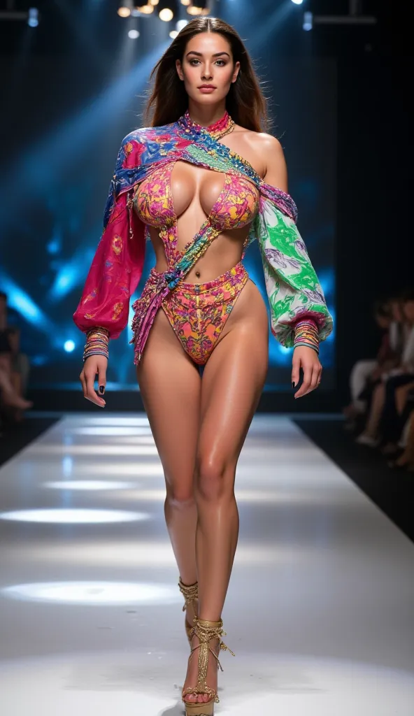 "A hyper-realistic image of a stunning female model walking confidently on a fashion runway. She wears a creative high-fashion outfit with intricate details, bold colors, and unique textures, blending futuristic and avant-garde elements. Her posture is poi...