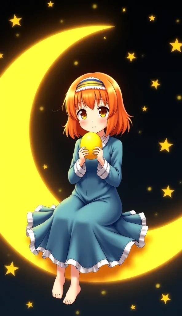 , a picture of an anime girl, innocent in face, with orange hair. with bright yellow brown eyes, wearing a Ramadan dress. It is blue. holding a yellow. She is sitting on the yellow moon of Ramadan. A black background with bright yellow stars, 