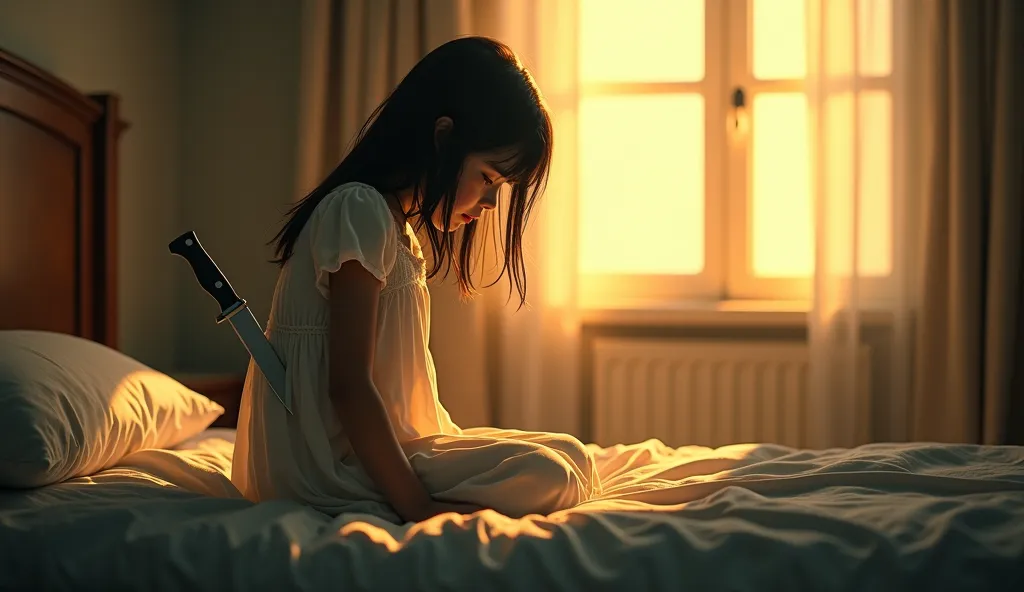 A girl with a knife in her back, in a nightgown, is sitting on the edge of the bed, the sun is shining through the window