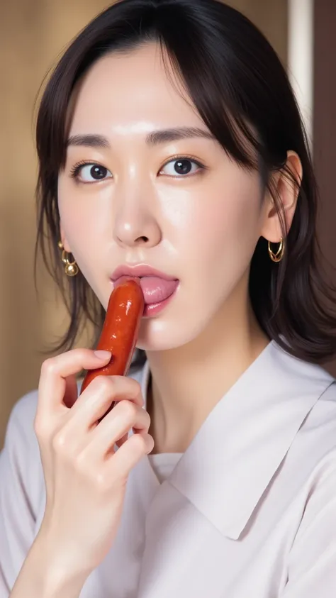 High Resolution, masterpiece, anatomically correct, high detail, A beautiful Japanese person、Jet Black Hair、sausage、 is licking sausages、stick out their tongues、 licking 、舌で licking 、open your mouth wide、Put sausage in mouth、 sexy、pseudo-fellatio、pseudo-or...