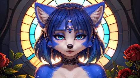 ((krystal)), Star Fox-Krystal, lovable,    green eyes, (((   Long blue hair 1  .3))),  cleavage, anthro, blurred,  detailed Fluffys fell,   detailed face , (Fluffy),     1 girl, ,woman, Goth,    green eyes, Undercut,  ultra-realistic 8k CG   ,    masterpie...