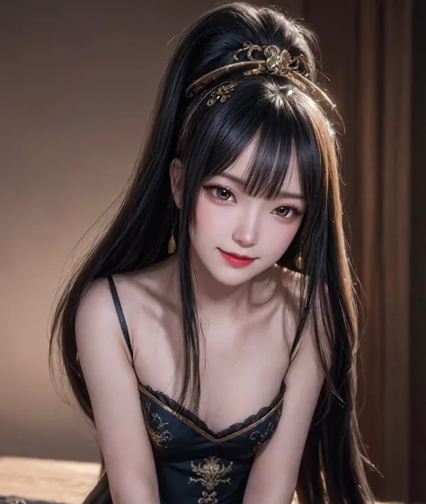 (from front:1.5),POV,China,Dark Big Oriental eyes,Black long hair gathered in a Chinese ponytail,metal shoulder,Blend of blue gold,white Pattern, Dragon Pattern,arms behind back,hands behind heads, black lence stockings,Strangle,smile,ultra high res, (phot...