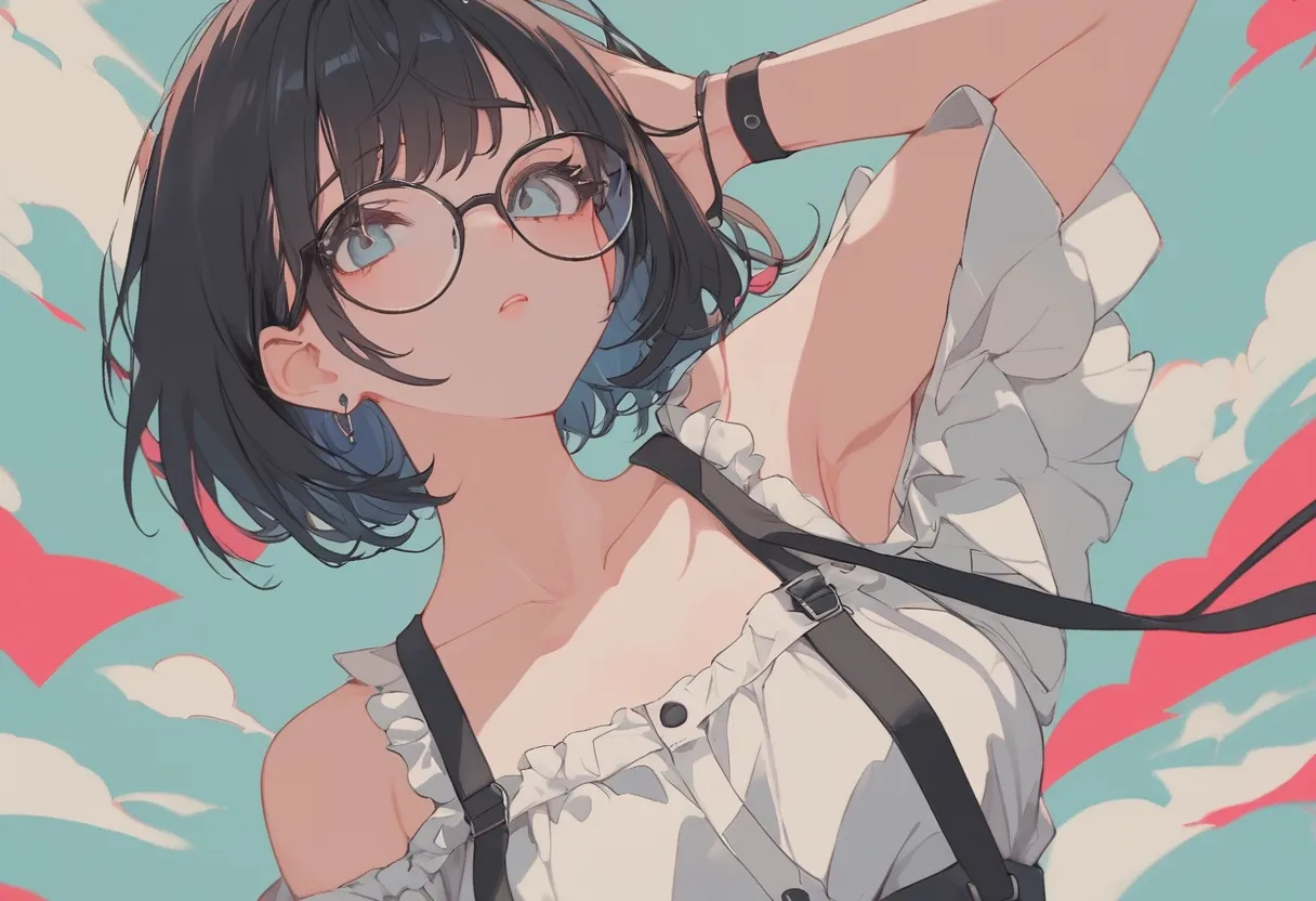 masterpiece, best quality, great quality, very aesthetic, High Resolution,  latest, HYPER DETAIL, one girl, low angle, flat color,   black hair, simple background, dream core style, armpits, Off Shoulder, suspenders, Glasses, 