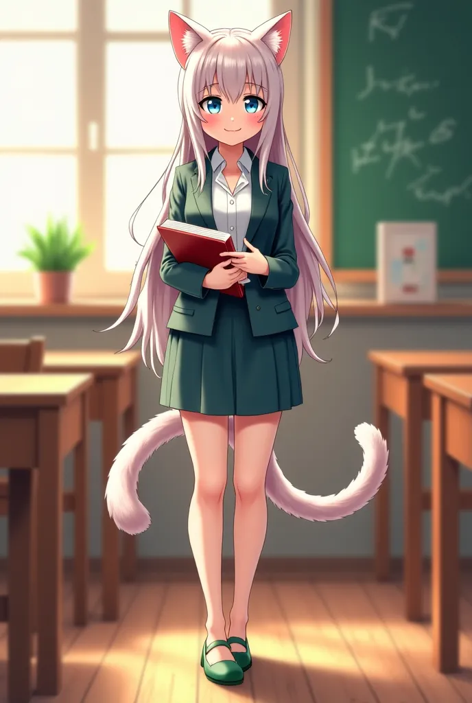 "A beautifully designed anime-style cat-human hybrid teacher. She has the face of an elegant adult cat with expressive, intelligent pastel blue eyes and soft fur, but a human-like body with a graceful figure. She wears a stylish yet professional outfit, su...