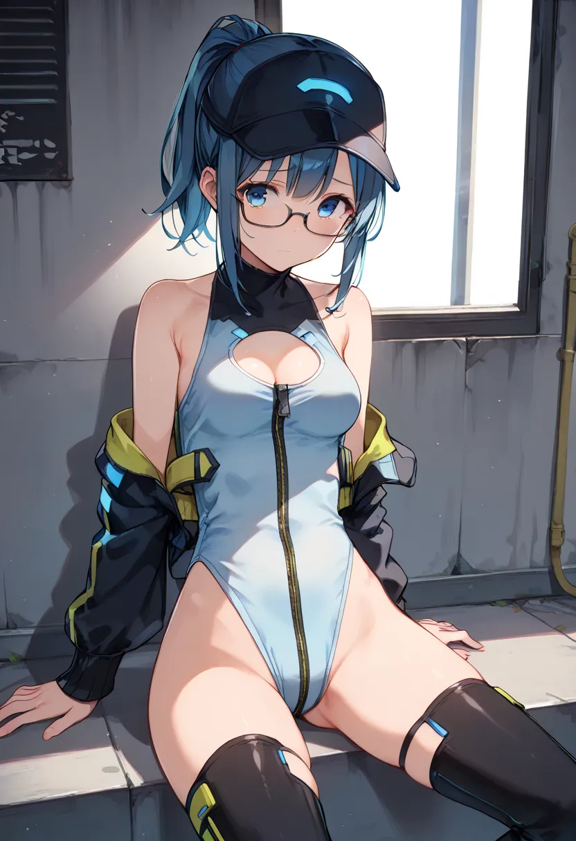  score_9,  score_8_up,  score_7_up,  source_anime, rating_safe, 1 young_girl, Alone, compAF, Shoulders, kneel, lower back with a cap, ,medium_breasts, glasses,(black_blue_hair:1.5),short_ponytail,shy,closed_mouth,>|,crotch,groin,M-sitting,knees,thighs,shor...