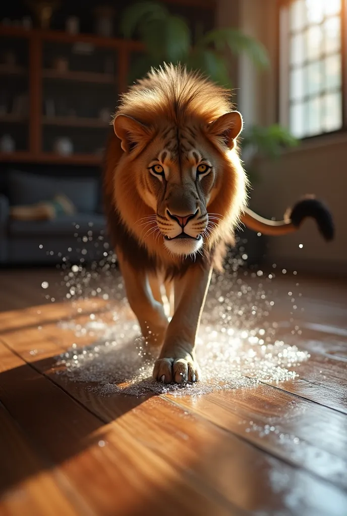 lion walking on a dark brown laminate floor, with a splash of water without any damage on a laminate, and picture focus needs to be on the laminate flooring, make lion a little blur and whole focus is on the floor