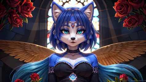 ((krystal)), Star Fox-Krystal, lovable,    green eyes, (((   Long blue hair 1  .3))),  cleavage, anthro, blurred,  detailed Fluffys fell,   detailed face , (Fluffy),     1 girl, ,woman, Goth,    green eyes, Undercut,  ultra-realistic 8k CG   ,    masterpie...