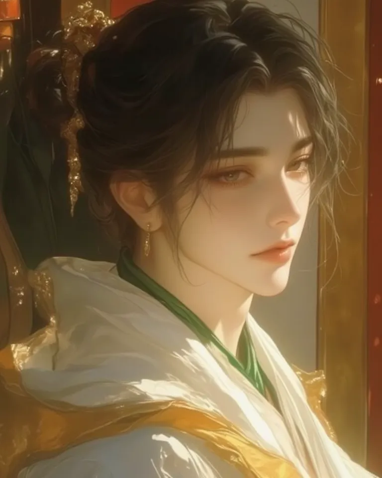  Design a male figure wearing a women's kimono，25 years old ， both male and female，The costume is a Japanese women's kimono， Dress in white with gold orange green rolling edges ，gorgeous 。  hair is black ，bun。Skin White， Face Contour  ， light brown eyes 。I...