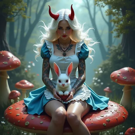 
Sexy tattoed Alice in Wonderland, white hair and red horns, with sexy erotic short blue dress and a white apron, holding The Easter Bunny,  sitting at mushroom