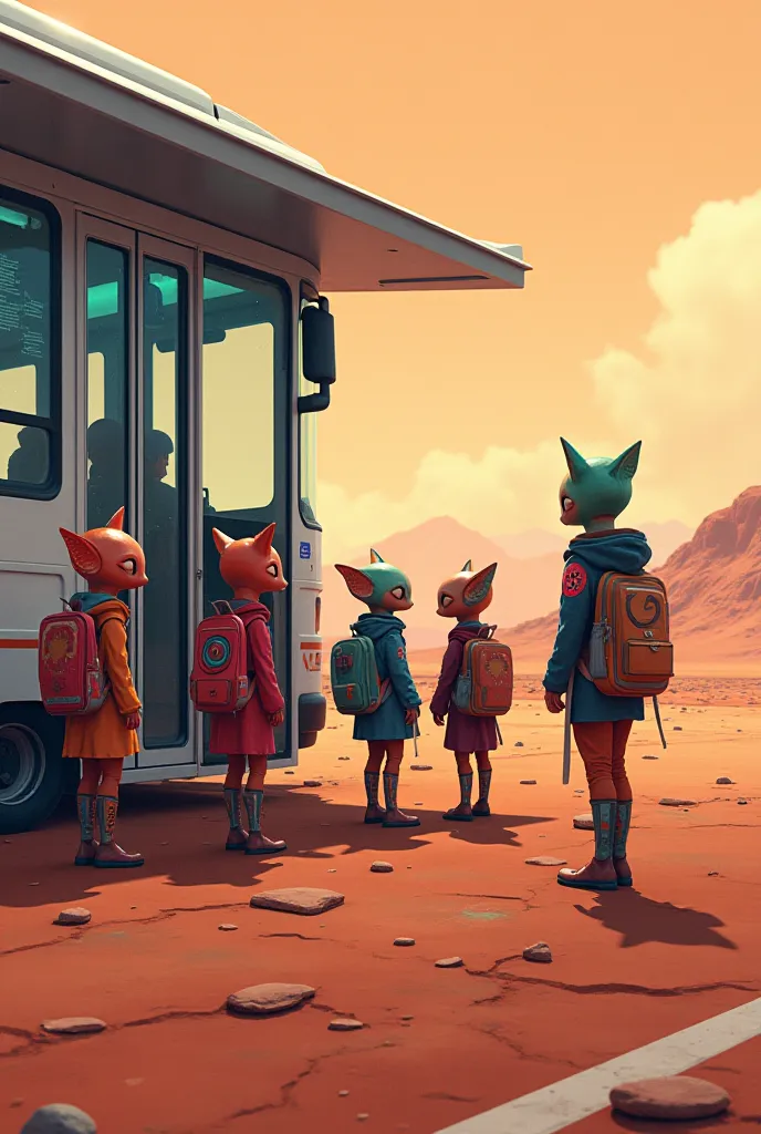 Des enfants extra-terrestres, sur Mars, à une station de bus attendant le bus pour l'école (avec sacs-à-dos)