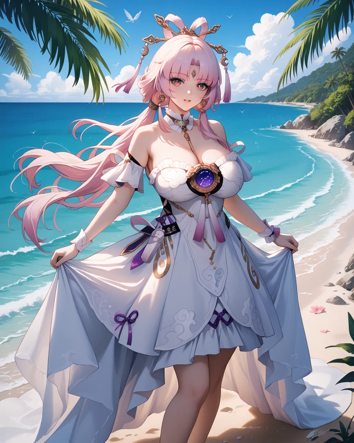 ultra detailed, high quality ,  1girl, Fu Xuan(star rail), ((gigantic breasts:1.4)), white one-piece dress,white dress, summer, beach