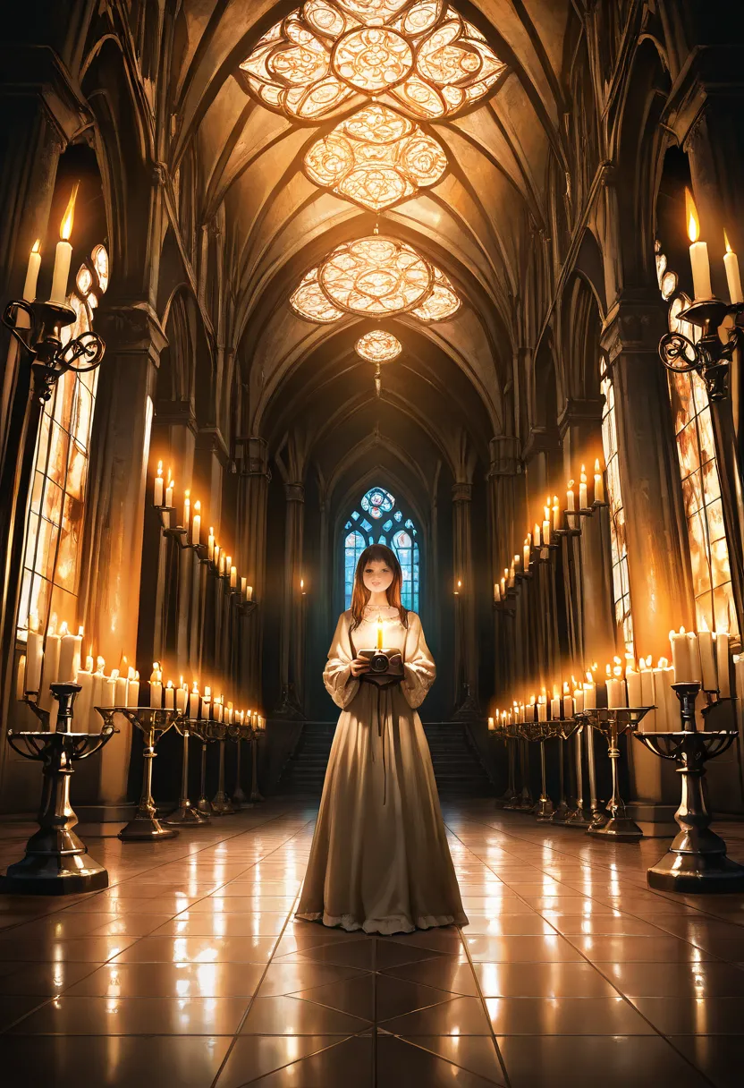 Gothic cathedral interior, dramatic lighting, numerous burning candles, (candlelight glow:1.3), creating a warm and mystical ambiance,  medieval style architecture,  stone columns, ornate candle stands, (detailed candle patterns:1.1),  tiled floor with a d...