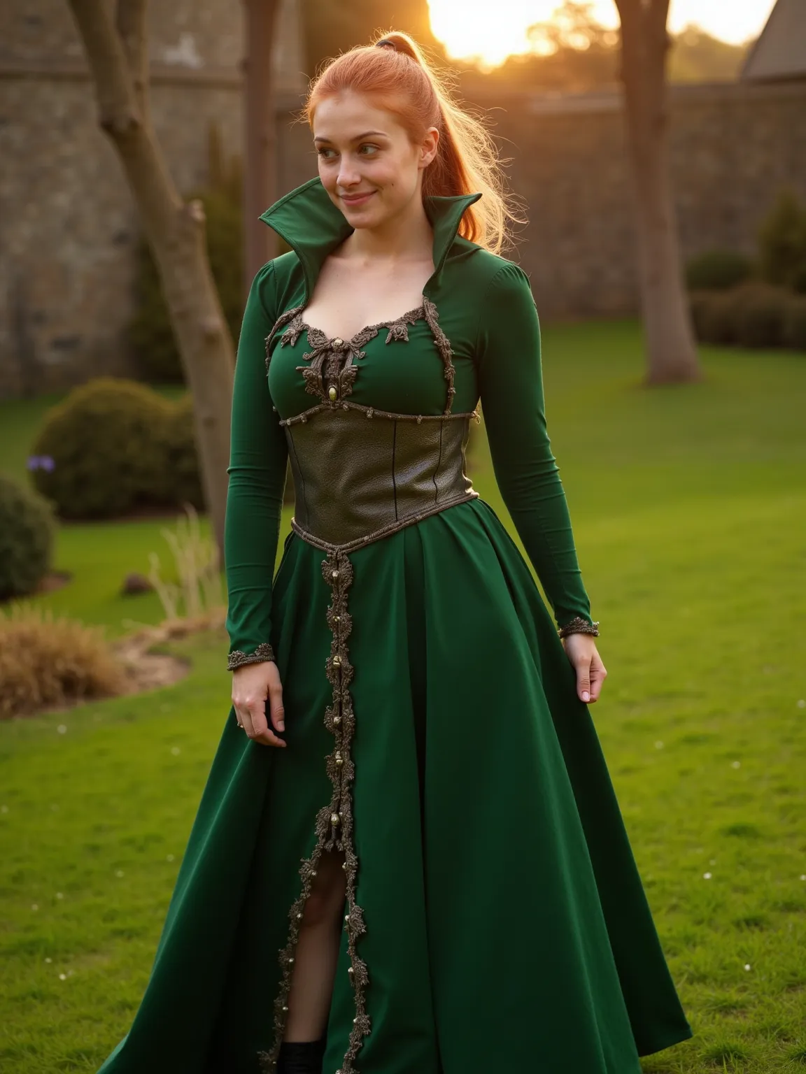 35 years old Women with blonde/red hair wearing a green tudor style dress and a french hood in the garden of a medieval castle, smight smile, A very small elf Woman, 35 years old with saggy Breasts, Sunset, Long Hair, Pony tail, (small saggy pointed Breast...