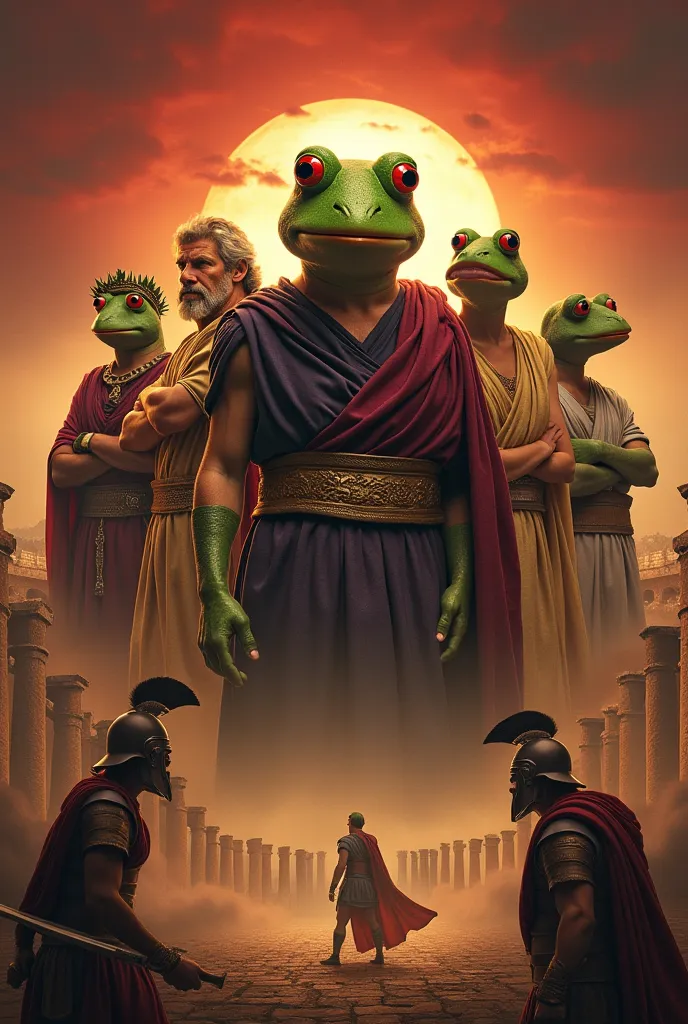 A cinematic movie poster in the style of Star Wars or The Lord of the Rings, using pepe the frog memes, dressed in Ancient Roman attire. The composition is grand and heroic, with dramatic lighting and a strong sense of depth.

Central figure: A serious and...