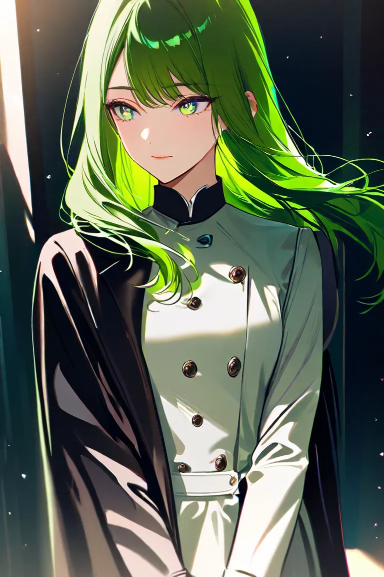 1girl, solo, long hair, bangs, long sleeves, hair between eyes, closed mouth, green hair, indoors, black eyes, coat, buttons, arms at sides