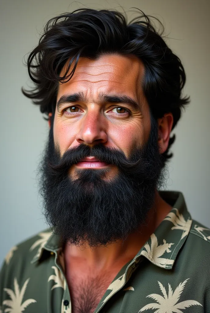 Adult male. Black hair. Thick black beard.  brown eyes. big nose. An elongated face with sharp features. good-natured look. Dressed in a shirt with palm trees. realism. 