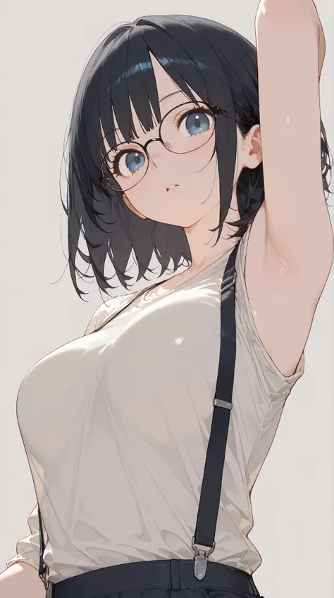 masterpiece, best quality, great quality, very aesthetic, High Resolution,  latest, HYPER DETAIL, one girl, low angle, flat color,   black hair, simple background, dream core style, armpits, Off Shoulder, suspenders, Glasses, 