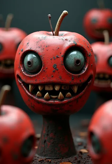 “A hyper-realistic, ultra-detailed 4K render of multiple monstrous red apple-shaped figures, each uniquely aged and corroded. The surface of each figure is covered in deeply rusted metal with intricate textures of oxidation, scratches, and wear, making the...