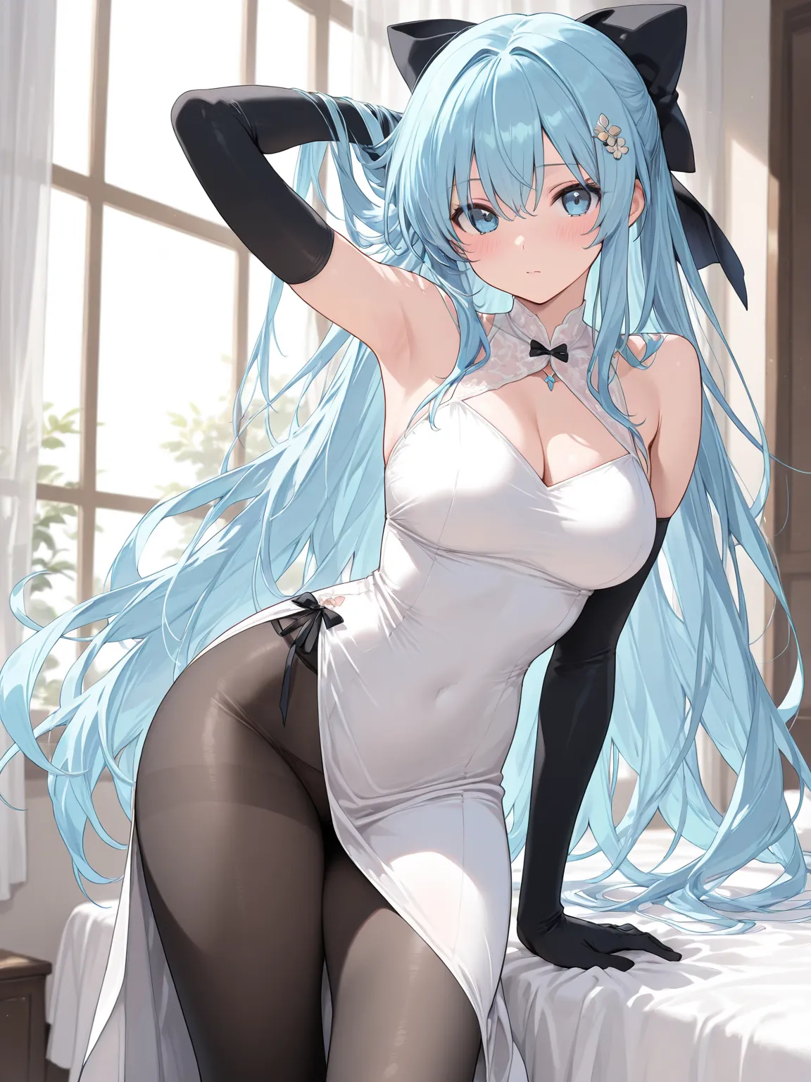 (masterpiece, best quality, extremely detailed), 
1girl, blue hair, very long hair, blue eyes, white dress, side slit, black elbow gloves, black pantyhose, hair bow, hair ornament, embarrassed, looking at viewer,