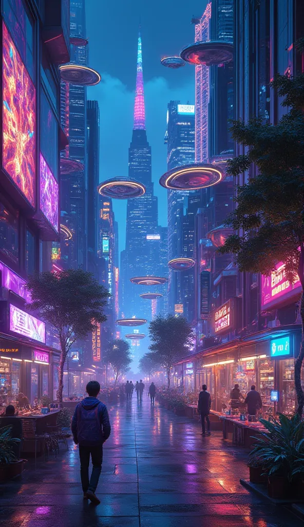 "As night falls, the city transforms into a mesmerizing neon paradise. The once-muted skyline now pulses with radiant hues of blue, pink, and violet, reflecting off the sleek architecture. The buildings shift colors subtly, reacting to the energy currents ...