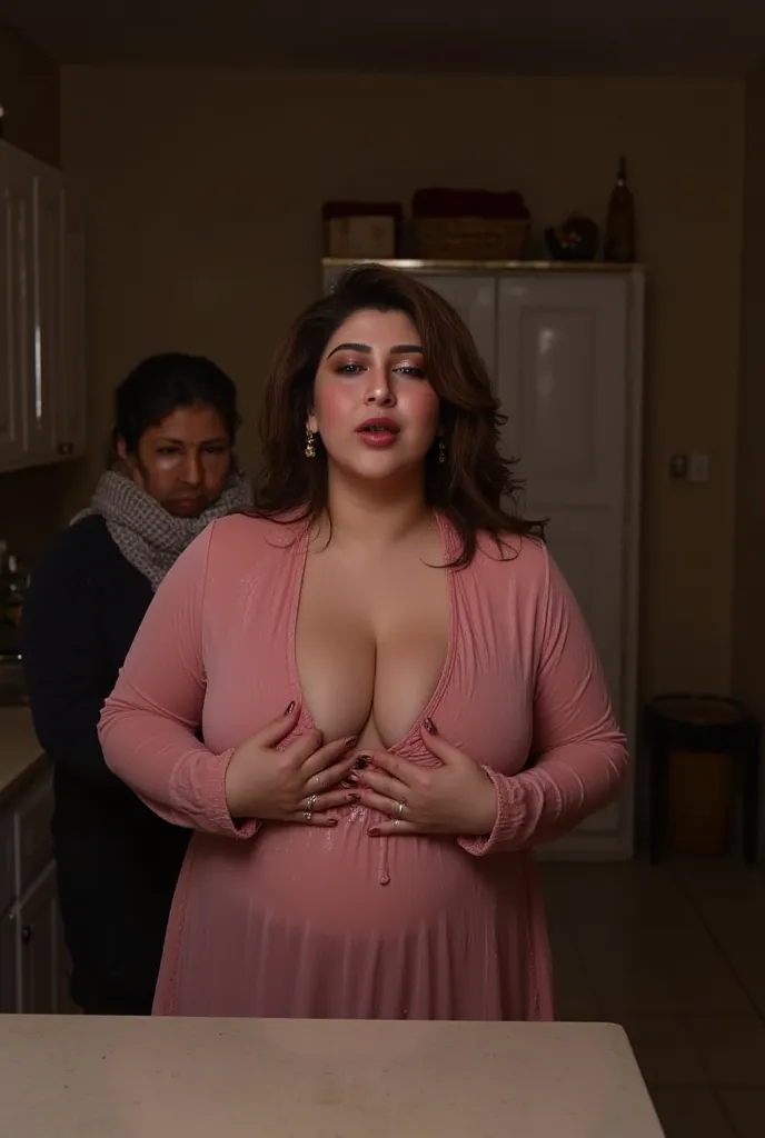 a photo of a beautiful 25 years old chubby voluptuous plump pakistani muslim woman with large breasts standing in a kitchen. her hands resting on table, side view, a 60 years old watchmen stands behind her holding her waist and hugging her from behind, she...