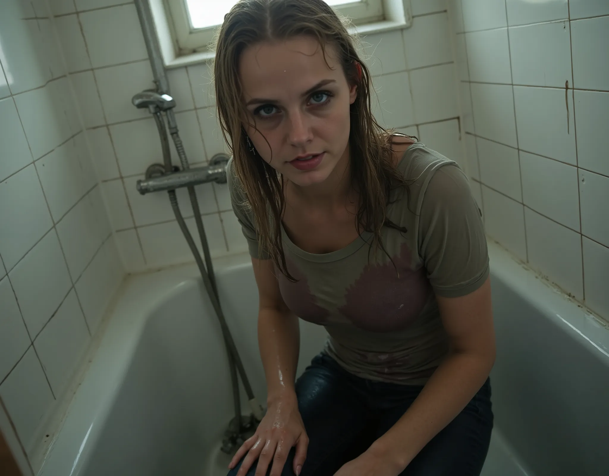 woman is exhausted from lust,  wet jeans , t-shirt, in the bathroom, desperate взгляд, desperately exhausted by the lust of desire, realistic, фотоrealistic, worn out facial expression, kneeling,  wet skin, naturalistic textures, soft lighting,  atmospheri...