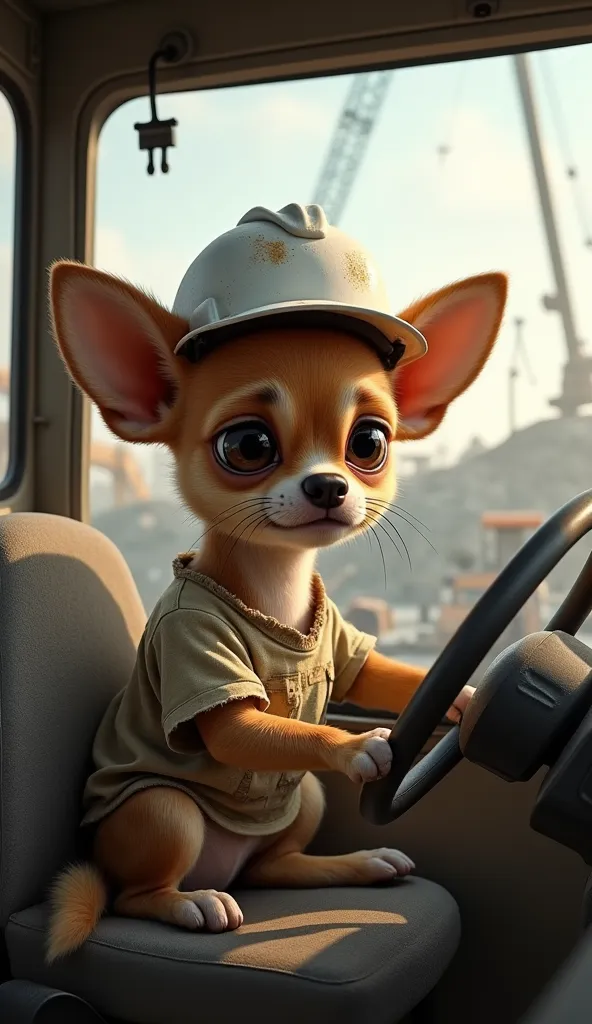 Create an image of a humanoid puppy with the facial features and fur texture of a Chihuahua, having a short muzzle, sitting inside the driver's cabin of a large crane at a construction site. The puppy has large, expressive eyes with a sad expression and ea...