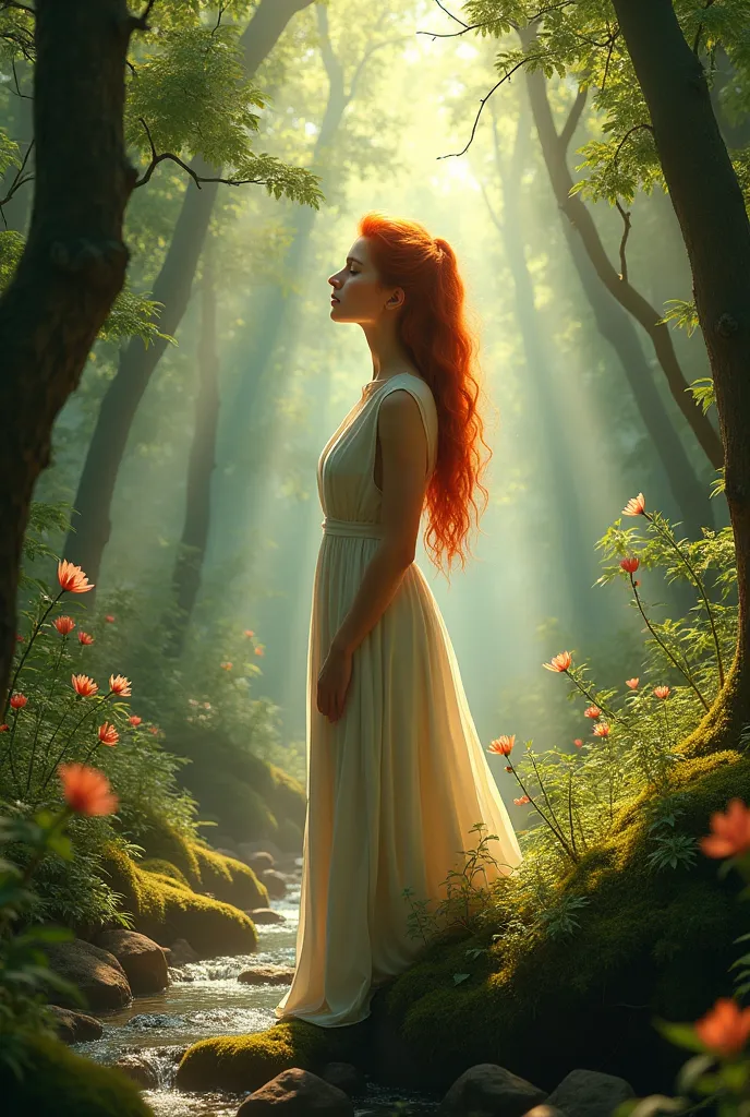 Redheaded woman in the healing forest  