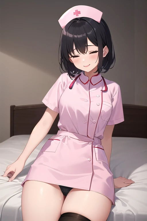 ((best quality)), ((masterpiece)), (detailed),1 girl。 black short hair。 Split Bangs。 nurse cap 。 Nurse。Pink Lab Coat。black tights。(moving composition)。hospital。smile。 sleeping in bed 。opens legs。panties。pussy juice spills。Hold your knees and place your bac...