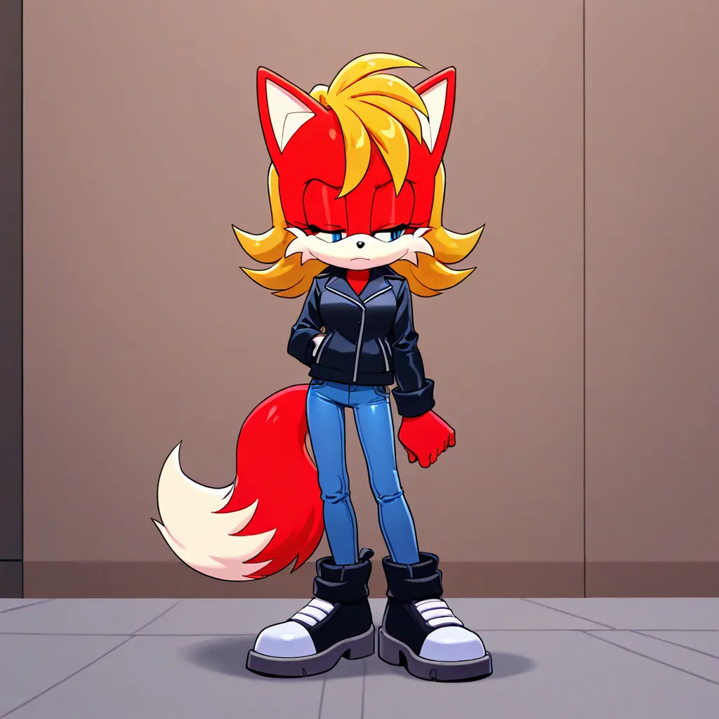 lady wearing jacket, skinny jeans and blue jeans standing for advertising campaign, 1girl, solo, pants, denim, jeans, closed eyes, black footwear, long hair, blonde hair, full body, blue pants, coat,Fiona The Fox_\(Sonic\), Red-Beige Fur, Light Blue Eyes, ...