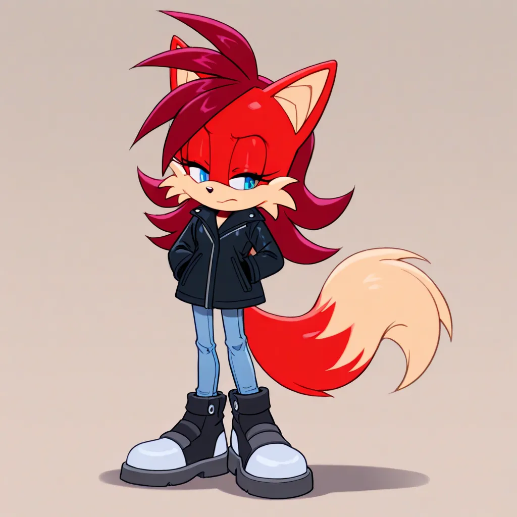 lady wearing jacket, skinny jeans and blue jeans standing for advertising campaign, 1girl, solo, pants, denim, jeans, closed eyes, black footwear, long hair, blonde hair, full body, blue pants, coat,Fiona The Fox_\(Sonic\), Red-Beige Fur, Light Blue Eyes, ...