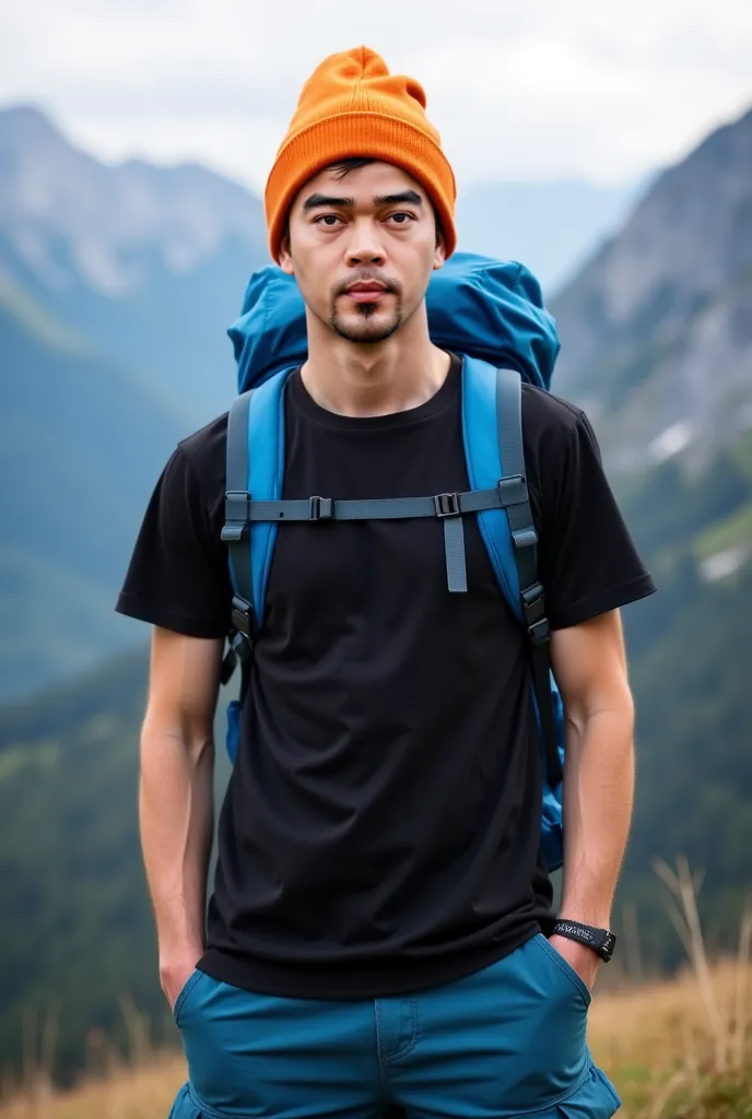 Front facing portrait,  Real human photo, jon  is a 25 years old man, medium and tall body, white skin. Short Pixie  black hair, , expressive  black eyes,  . Wearing plain   black t -shitt, blue  cargo pant, orange winter beannie, crrying blue mountain bac...