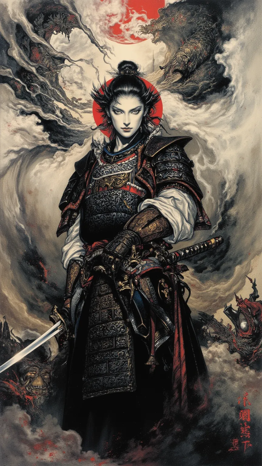 Female Samurai，full body，Boichi，in a highly detailed and dynamic style, 