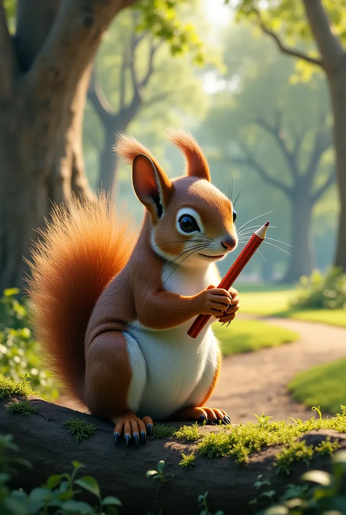 Realistic squirrel with pencil in park