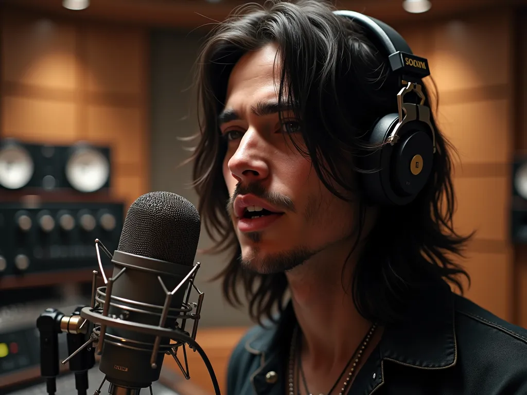 Make a man like in a recording studio, with headphones, And a microphone in front, The man who is young with long hair, Like a rockero, Make it look like she's singing, The image is very realistic, Sony brand headphones, And on the back of the wall that sa...